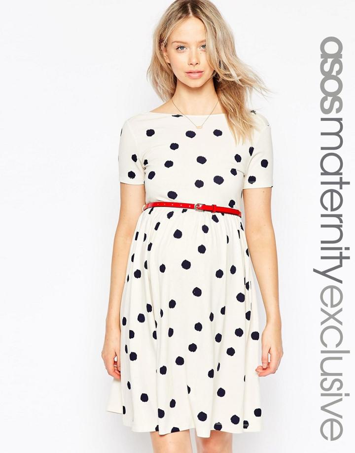 Asos Maternity Blurred Spot Skater Dress With Belt - Multi