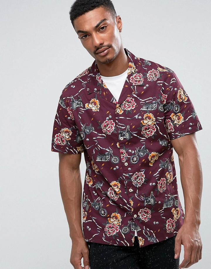 Mango Man Regular Fit Short Sleeve Shirt In Purple Floral Print - Purple