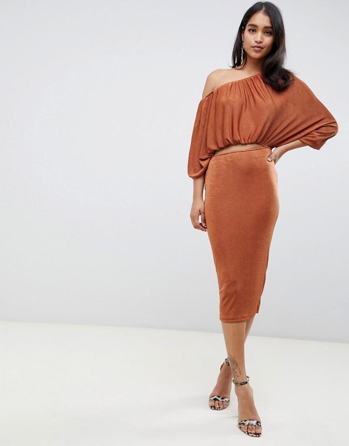 Asos Design Fallen Shoulder Slinky Midi Dress - Brown