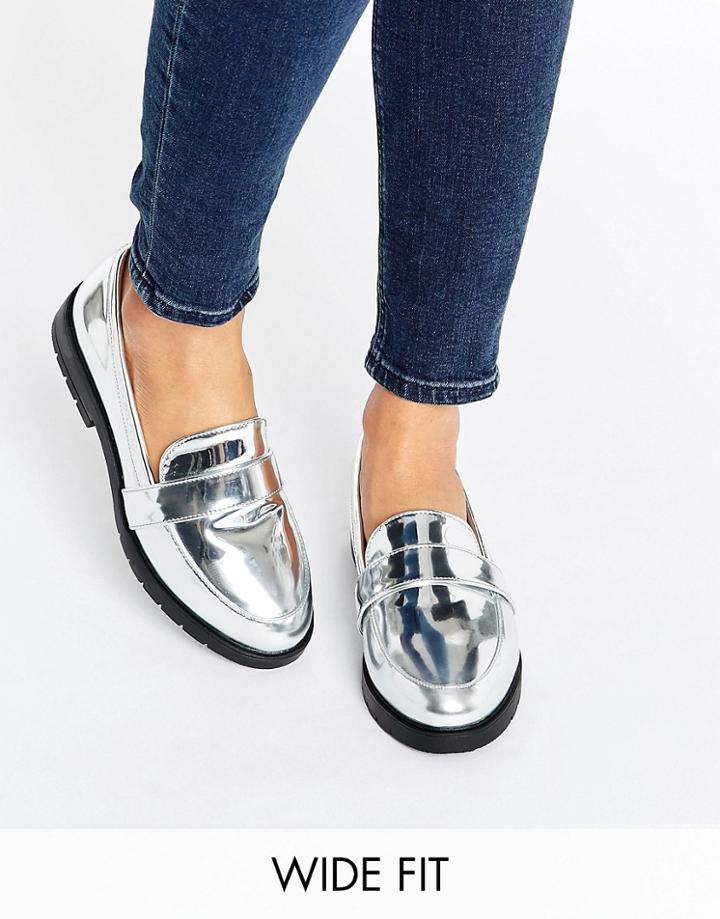 New Look Wide Fit Metallic Loafer - Silver