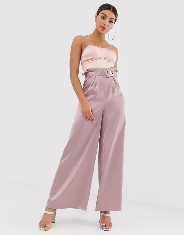 The Girlcode Belt Detail Wide Leg Pants In Blush-pink