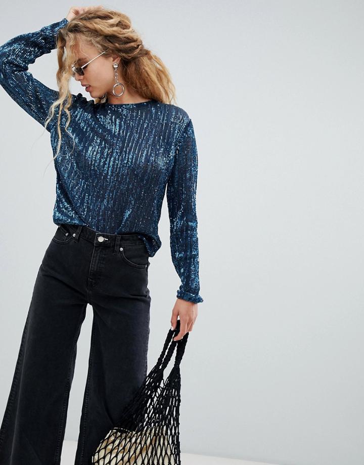 Weekday Sequin Long Sleeve Top In Petrol Blue - Blue