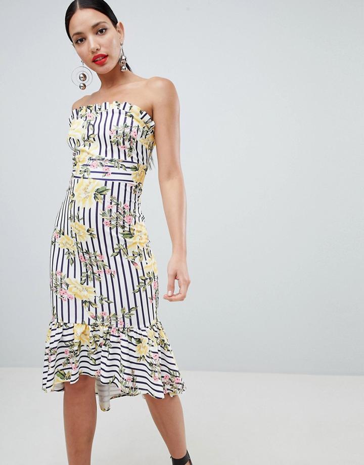Asos Design Stripe Floral Scuba Bandeau Midi Dress - Multi