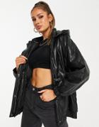 Asos Design Quilted Faux Leather Bomber Jacket In Black-green
