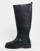 Asos Design Cassandra Leather Pull On Knee Boots In Black
