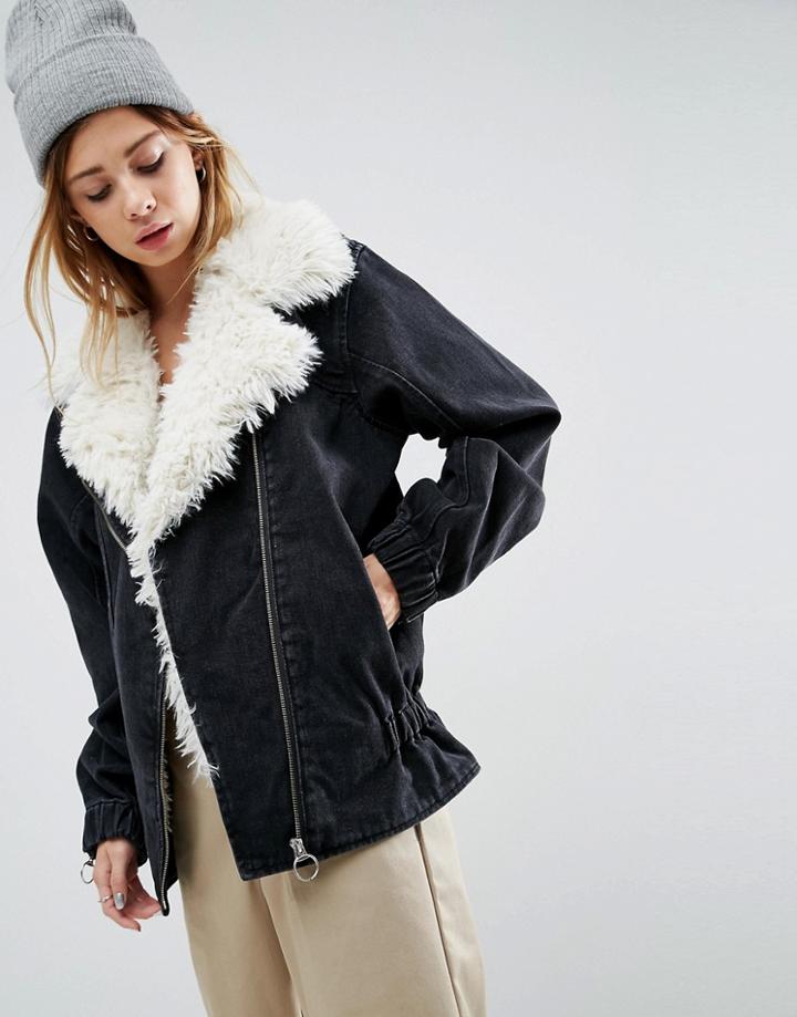 Asos Denim Biker Jacket In Washed Black Denim With Faux Fur - Black