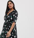 Influence Plus Floral Wrap Dress With Tie Sleeve And Ruffle In Black - Black
