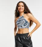 In The Style Petite Halterneck Scarf Top In Blue Marble Print - Part Of A Set-blues