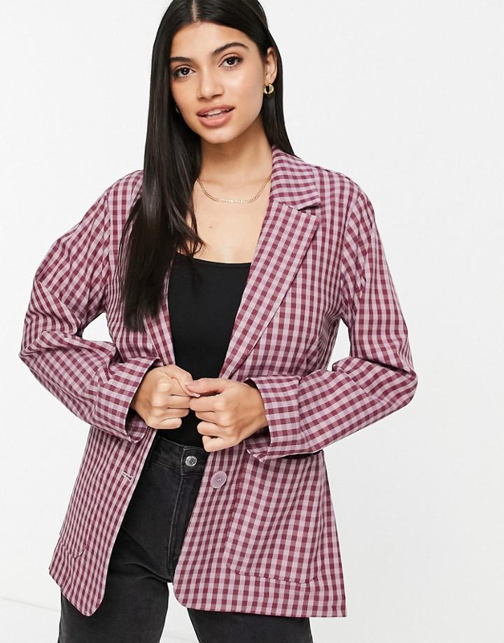 Monki Recycled Tonal Check Blazer In Lilac-purple