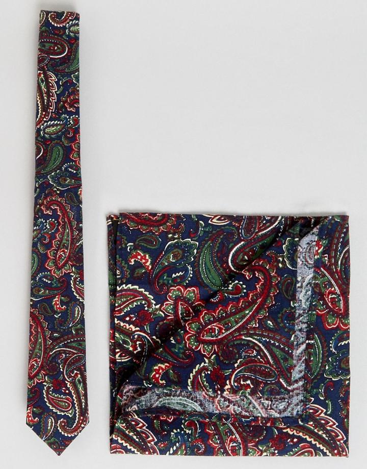 Asos Tie & Pocket Square In Paisely Print - Navy