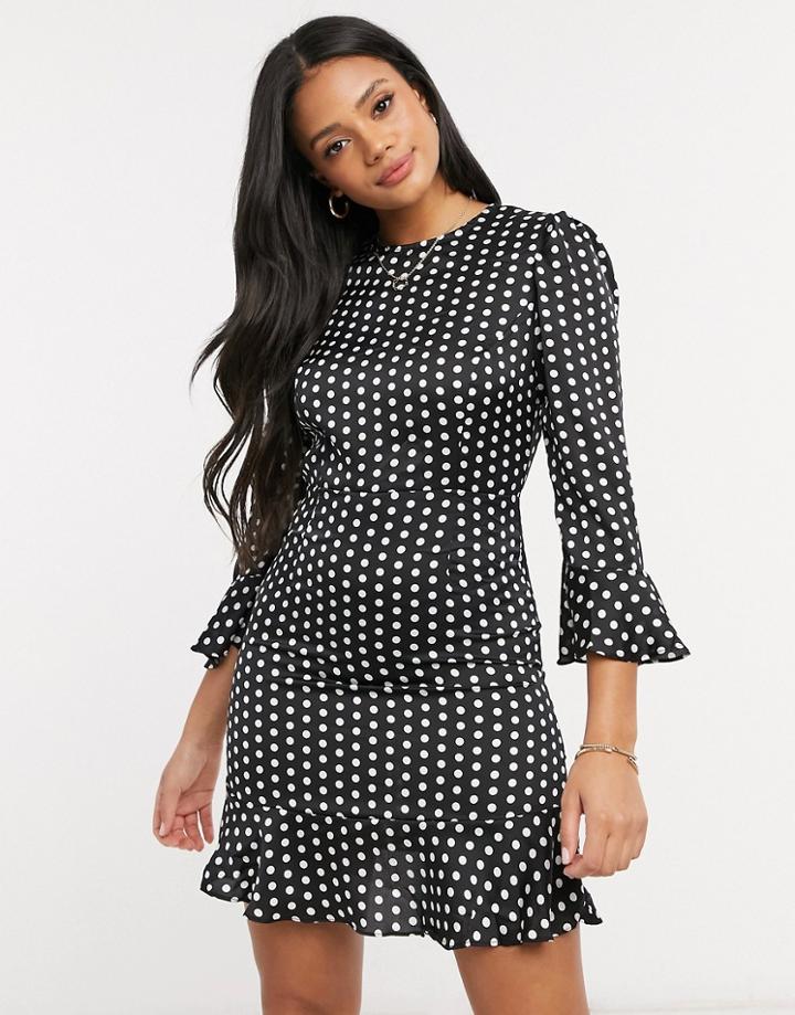 Naanaa 3/4 Sleeve Polka Satin Dress In Black