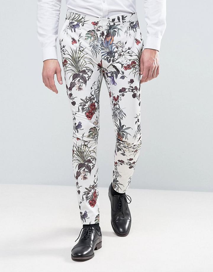 Asos Wedding Super Skinny Suit Pant In Cream Floral Print - Cream