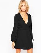 Asos Mini Wrap Dress With Blouson Sleeves - Black