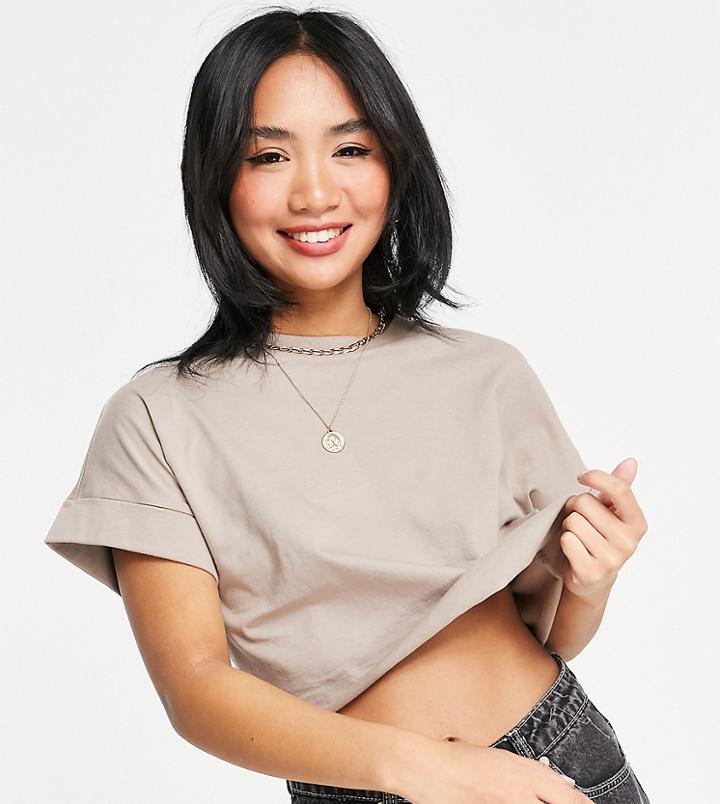 Asos Design Petite Cropped T-shirt With Roll Sleeves In Mushroom-neutral