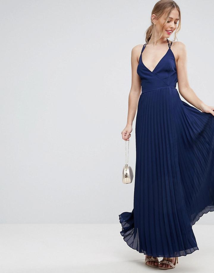 Asos Wrap Front Pleated Maxi Dress - Navy