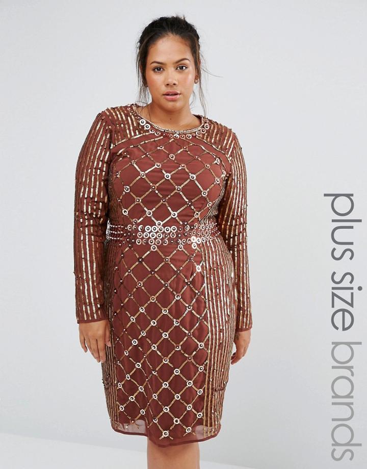 Lovedrobe Luxe Long Sleeve Stud Embellished Shift Dress - Brown