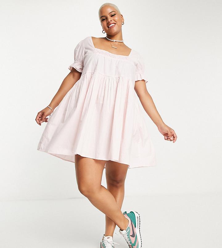 Daisy Street Plus Square Neck Smock Dress With Puff Sleeves In Pink