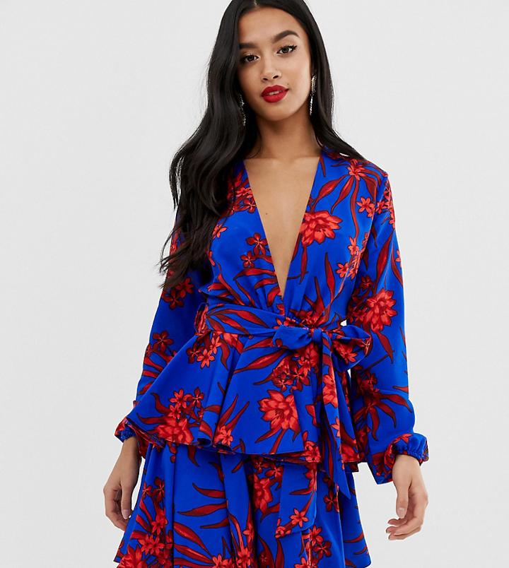 John Zack Petite Plunge Front Skater Dress In Red Floral Print - Multi