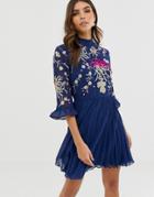 Asos Design Embroidered Pleated Mini Dress With Fluted Sleeve - Navy