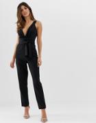 Asos Design Wrap Front Jumpsuit With Peg Leg And Knot Detail - Black