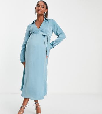 Missguided Maternity Wrap Shirt Dress In Blue Satin