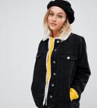 Asos Design Petite Denim Jacket With Fleece Collar In Washed Black - Black