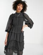 Topshop Recycled Blend Dot Print Midi Dress With Ruffle Detail In Black-multi