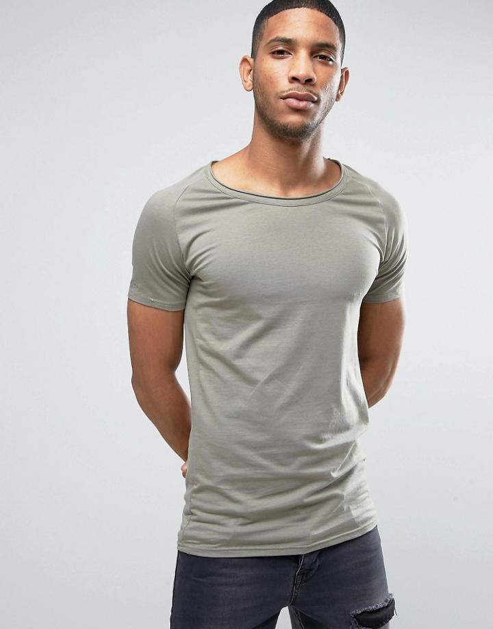 Liquor & Poker Muscle Fit T-shirt Raw Hem Scoop Neck - Green