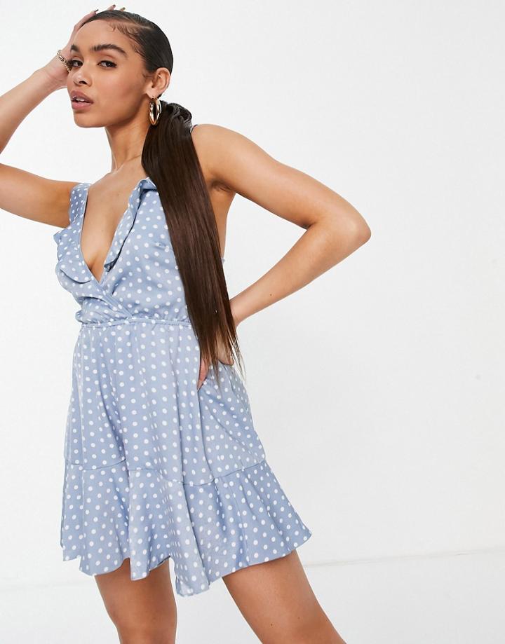 Na-kd Spot Print Frill Detail Romper In Blue-blues