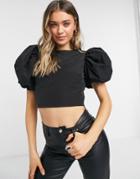 Topshop Puff Sleeve Crop Top In Black