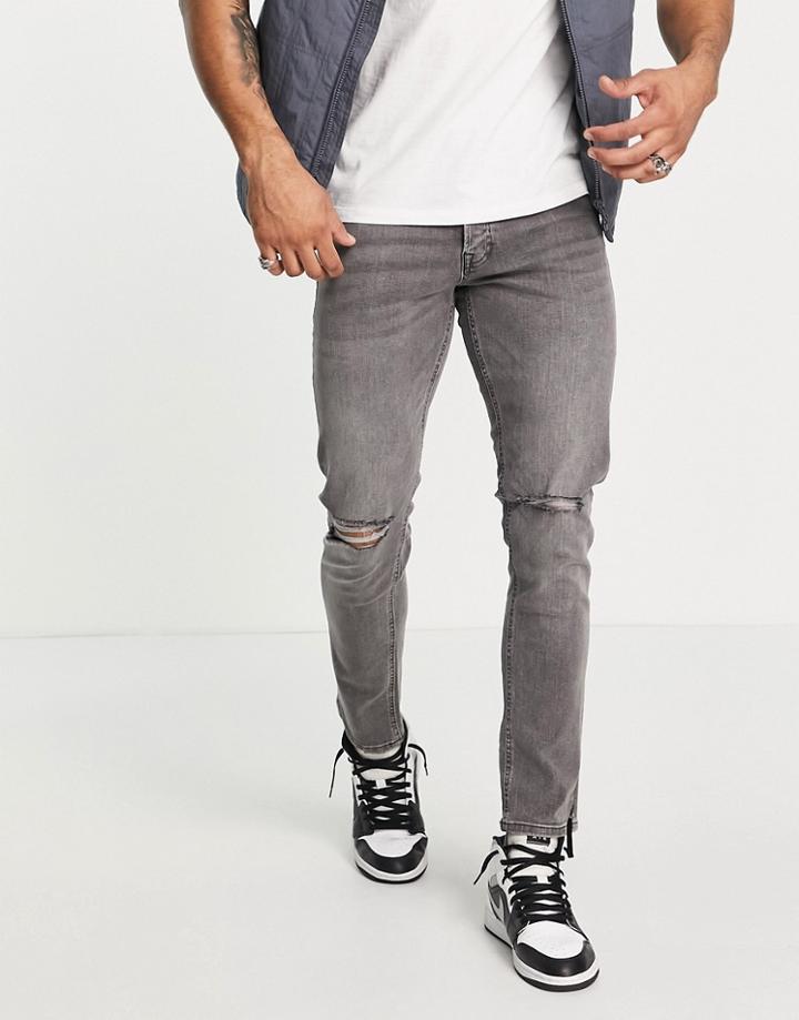 Jack & Jones Slim Fit Ripped Jeans In Gray