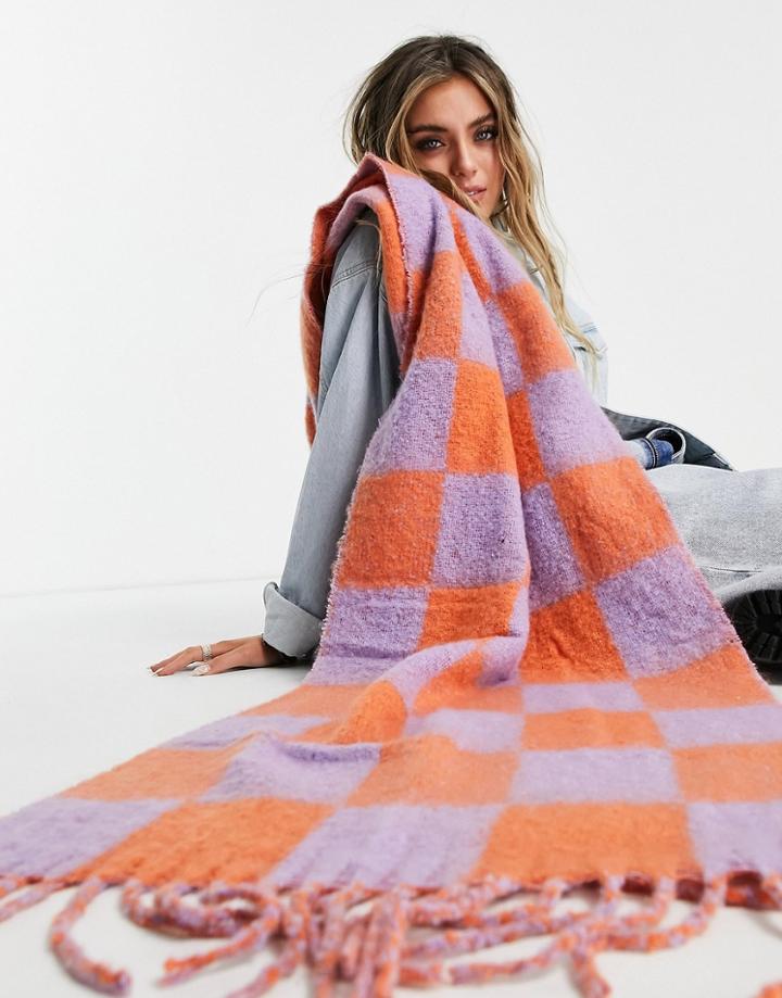 Bershka Checkerboard Scarf In Orange And Purple-multi