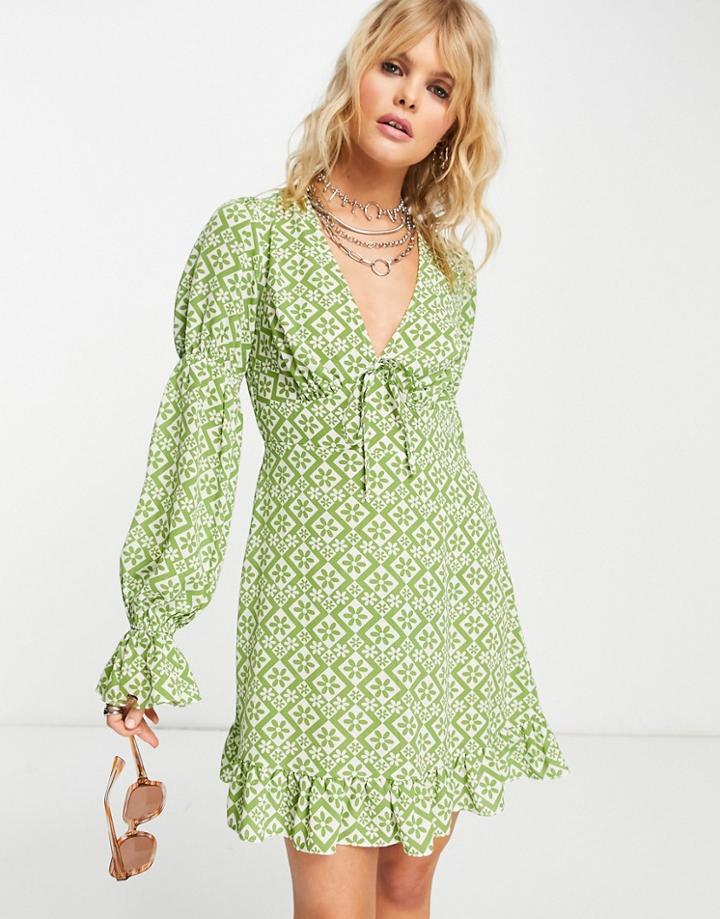 Asos Design Elasticated Sleeve Tie Neck Mini Dress In Green Geo Floral Print-multi