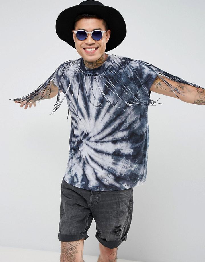 Asos Festival Oversized Sleeveless T-shirt With Spiral Tie-dye & Neck Fringing - Blue