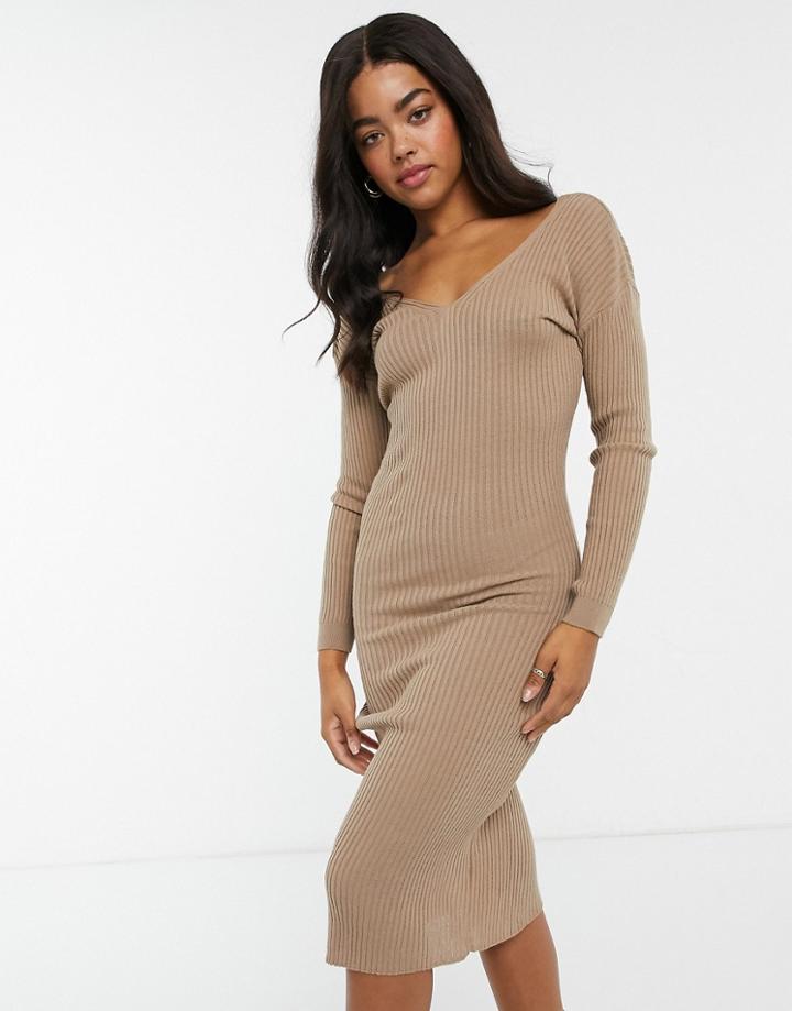 In The Style X Billie Faiers Plunge Front Knitted Midi Dress In Mocha-brown
