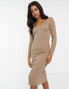 In The Style X Billie Faiers Plunge Front Knitted Midi Dress In Mocha-brown
