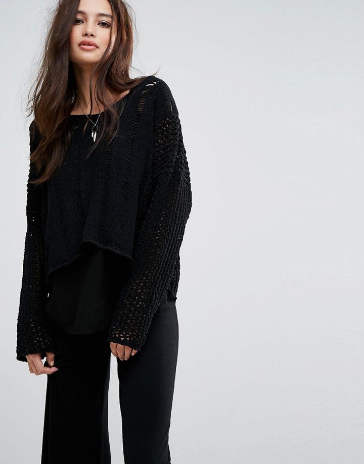 Moon River Net Detail Drop Sleeve Sweater - Black