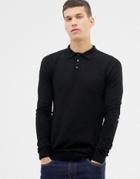 Asos Design Muscle Fit Knitted Polo Shirt In Black