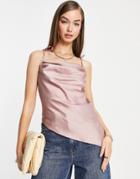 Asos Design Asymmetric Cowl Cami With Tie Straps In Pink-purple