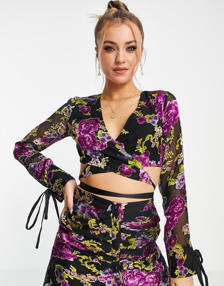 Asos Design Satin Floral Burnout Wrap Top Set-multi