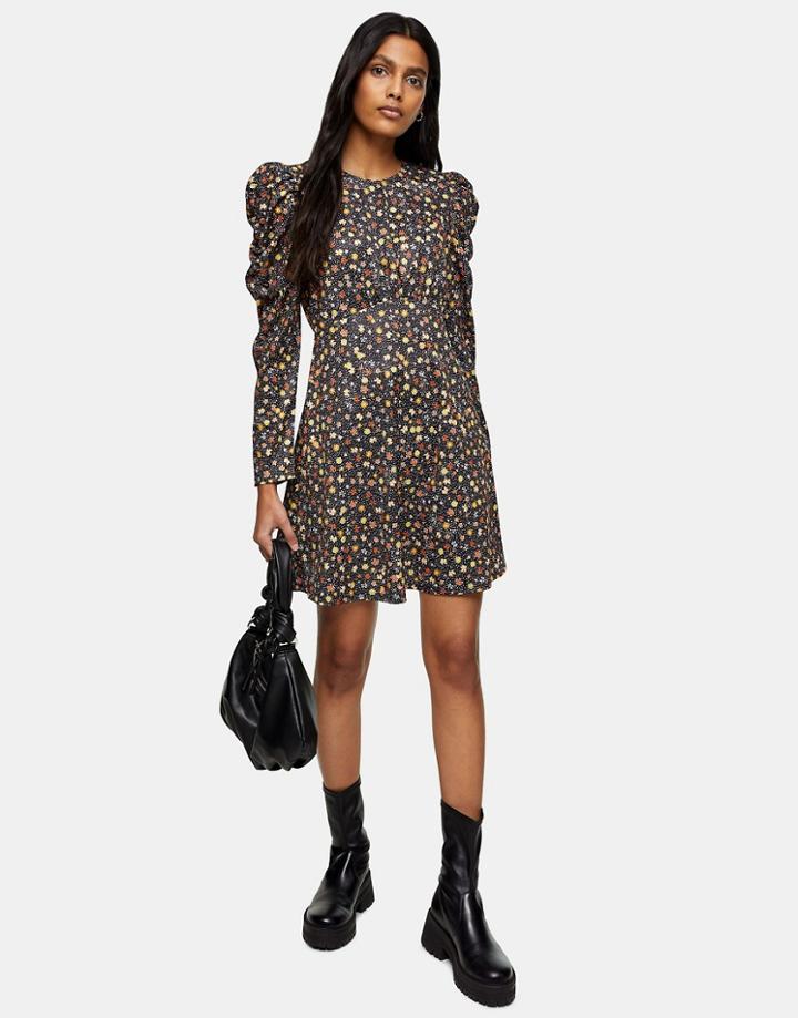 Topshop Ruched Sleeve Mini Dress With Ruffle Hem In Multi