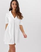 Asos Design Oversized Smock Dress With Collar-white