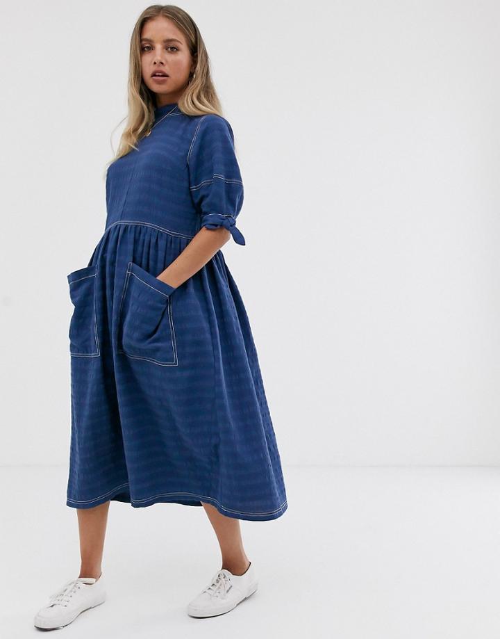 Asos Design Textured Midi Smock Dress With Tie Sleeves-blue