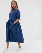 Asos Design Textured Midi Smock Dress With Tie Sleeves-blue