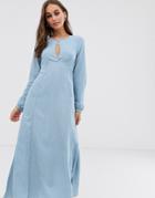 Asos Design Soft Denim Maxi Dress With Keyhole Neck-blue