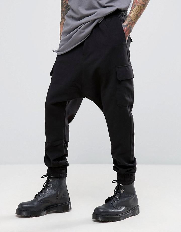Bershka Drop Crotch Cargo Joggers In Black - Black