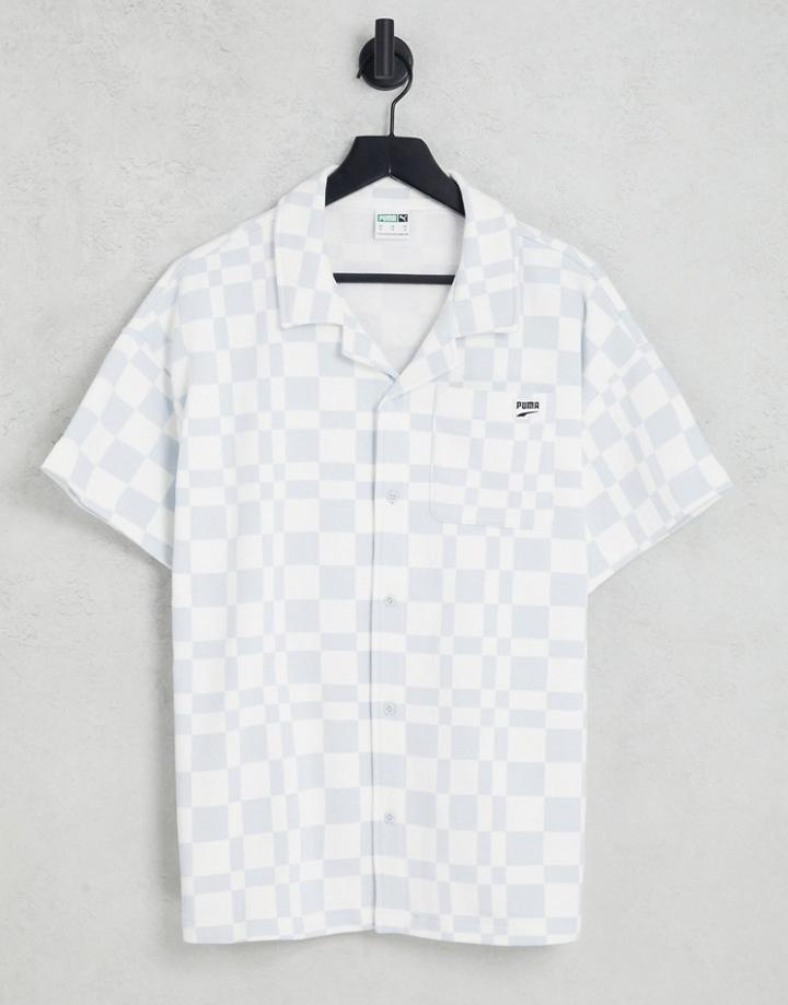 Puma Downtown Checkerboard Shirt In Pale Blue In White