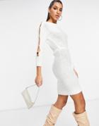 Naanaa Popper Sleeve Tie Waist Sweater Dress In Cream-white