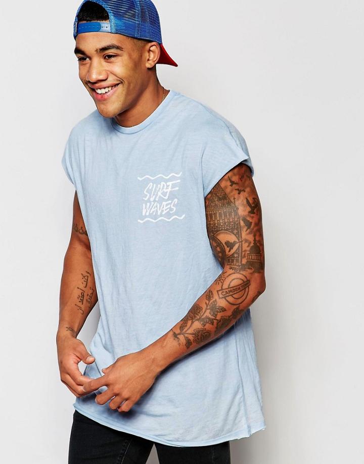 Asos Oversized Sleeveless T-shirt With Burnout Wash And Surf Print - Pale Blue