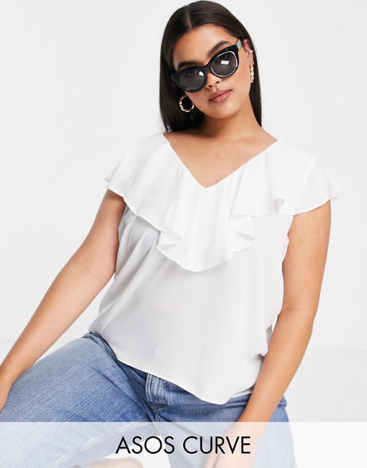 Asos Design Curve Frill Neck Blouse In Ivory-white
